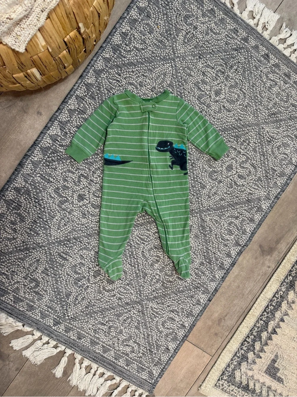 Carter's Baby Boy Footies Sleeper Green Striped Dino Footed One-Piece 6 Months